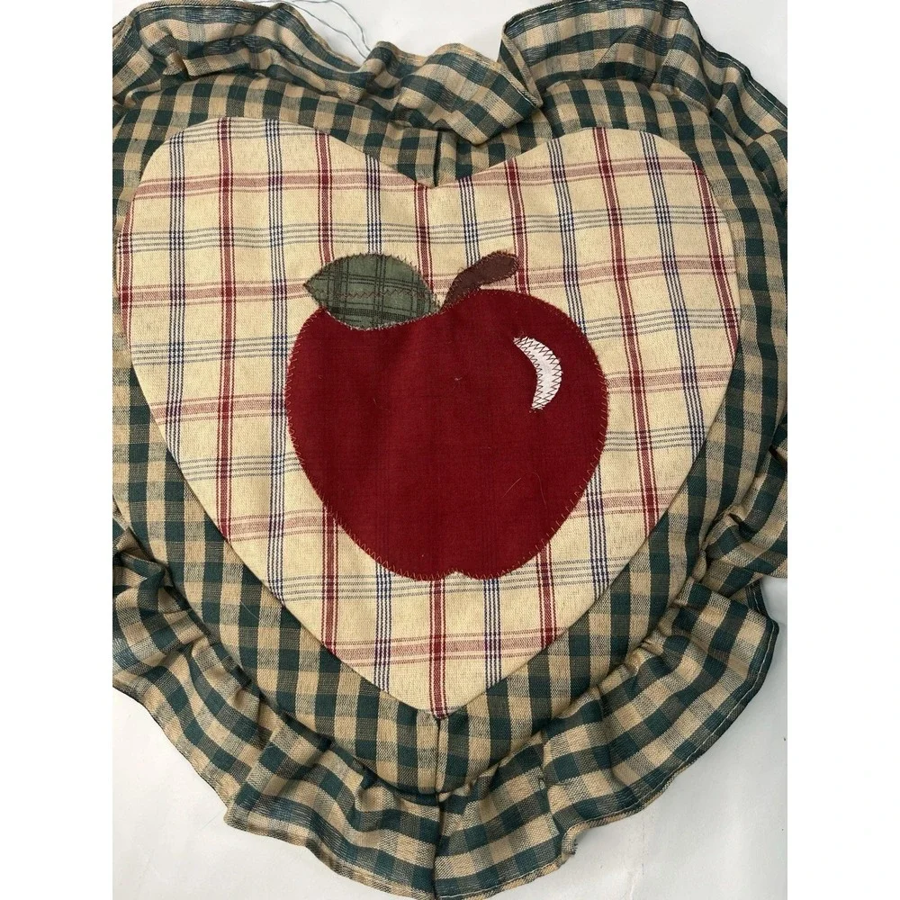 Vintage Primitive Apple Chair Cushions Set of 7 Green Gingham Plaid Tie-On READ